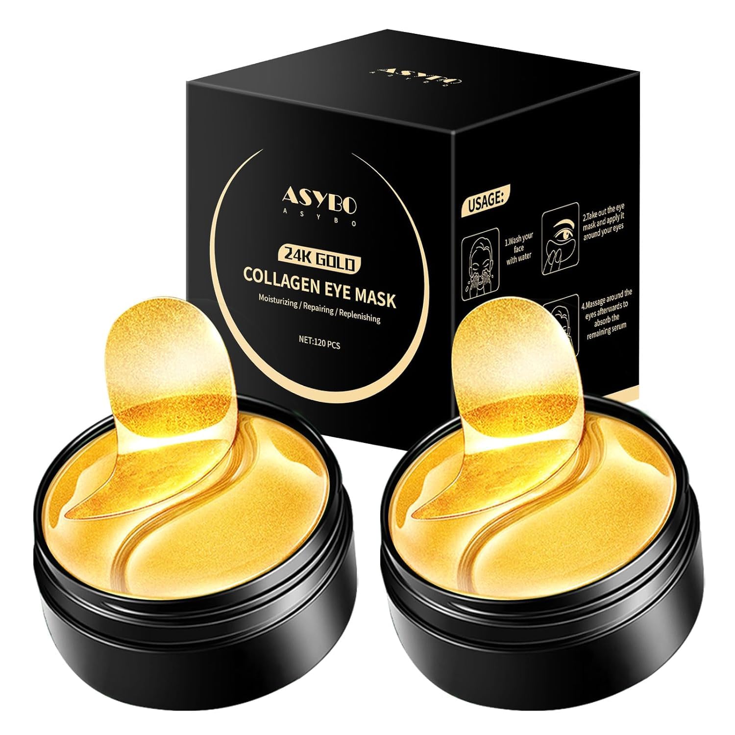 ASYBO 120 Pcs Under Eye Masks, Golden Under Eye Patches, Eye Treatment Mask for Dark Circles, Puffy Eyes, Fine Lines, Anti-Aging and Anti-Wrinkle, Collagen Under Eye Mask