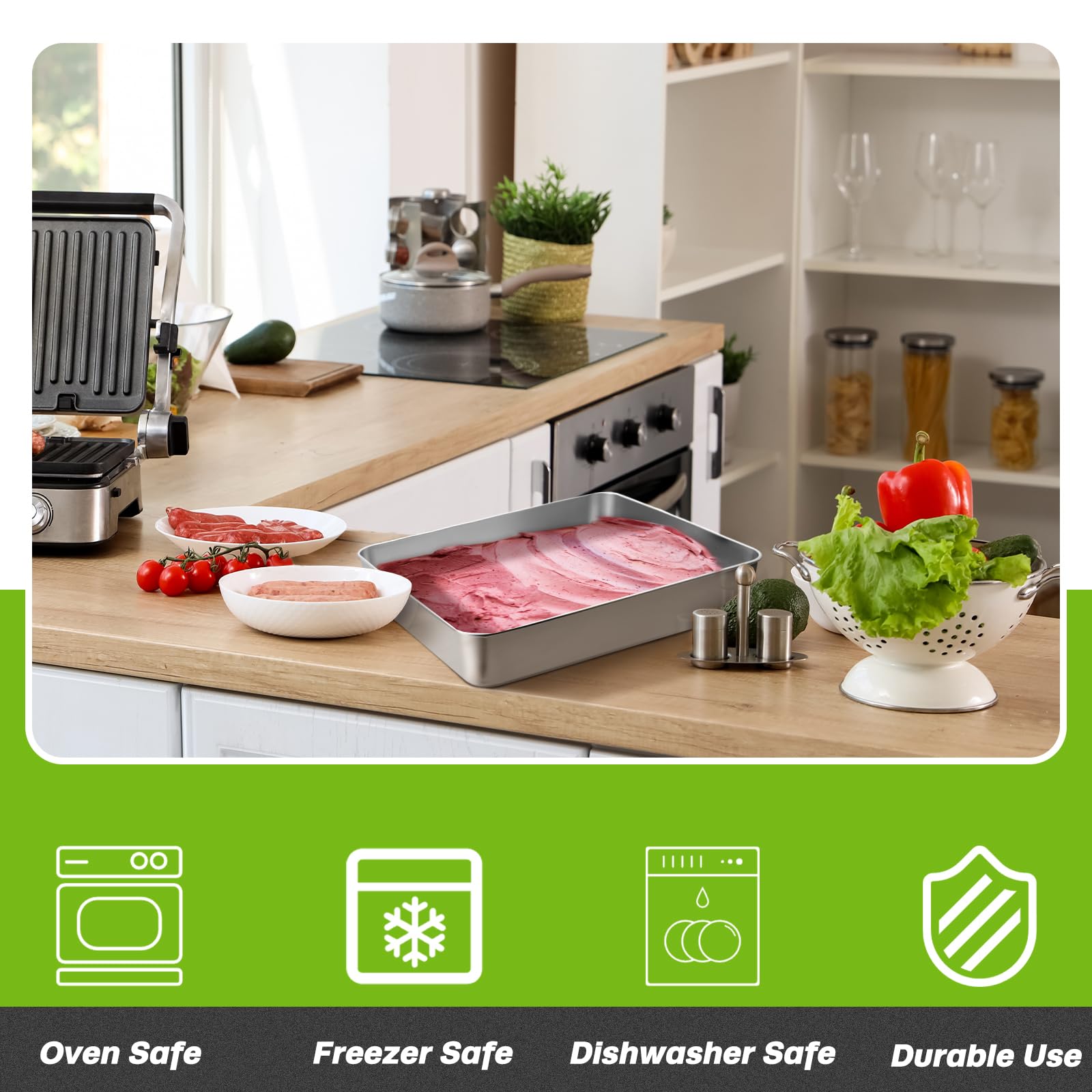 Tioncy 3 Set Stainless Steel Cake Pan with Lid 13/11/9 Inch Rectangle Sheet Baking Pan with Covers Bakeware with Lids for Cakes Breads Casseroles Fish Vegetables and More