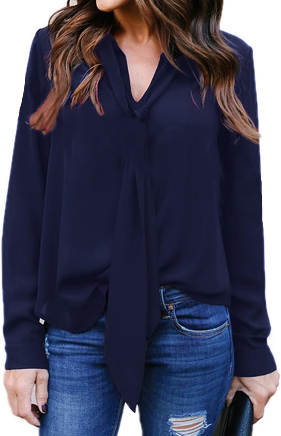 Women Chiffon Shirt Long Sleeve V Neck Tie Front Tunic Blouse Tops Casual Loose T Shirts