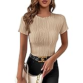 PRETTYGARDEN Women's Summer Tops 2026 Casual Short Sleeve Crewneck Slim Fit T Shirts Basic Knit Y2K Top Textured Blouse