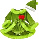 Aiwpstoin Baby Girl Christmas Outfit Green Monster Fuzzy Trim Velvet Long Sleeve Romper Dress and Hat 2 Piece Set