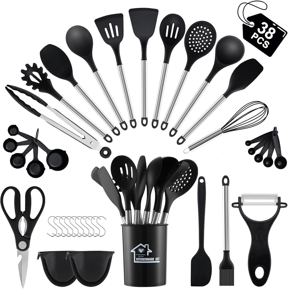 BEWOS 38-Piece Silicone Kitchen Utensils Set with Holder and Hooks