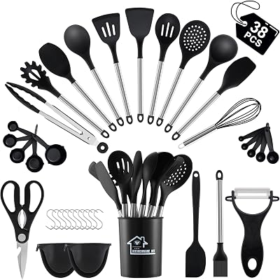 BEWOS 38-Piece Silicone Kitchen Utensils Set with Holder and Hooks