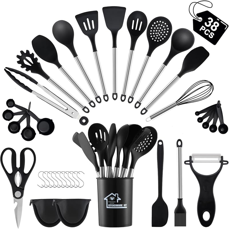 BEWOS 38-Piece Silicone Kitchen Utensils Set with Holder and Hooks