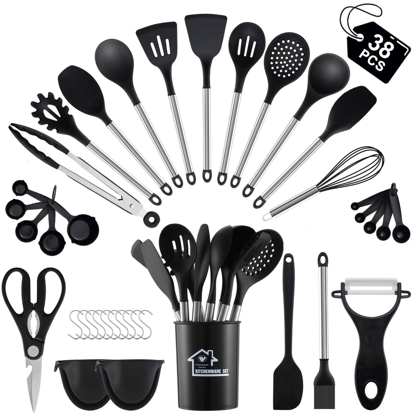 38 Pieces Kitchen Utensils Set, BEWOS Silicone Cooking Utensils Set with Spatula, Utensil Holder and Measuring Spoons, Nonstick Heat Resistant, Black Kitchen Gadgets, Stainless Steel Handle