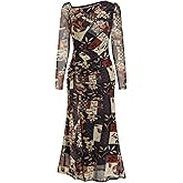CIDER Floral Print Mesh Long Sleeve Dress Ruched Bodycon Midi Dress Women