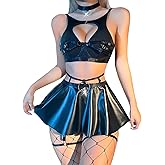 ABAFIP Women Rave Outfits Metallic Mini Skirt Cutout Crop Bra Top Choker Strappy Festival Dancewear set