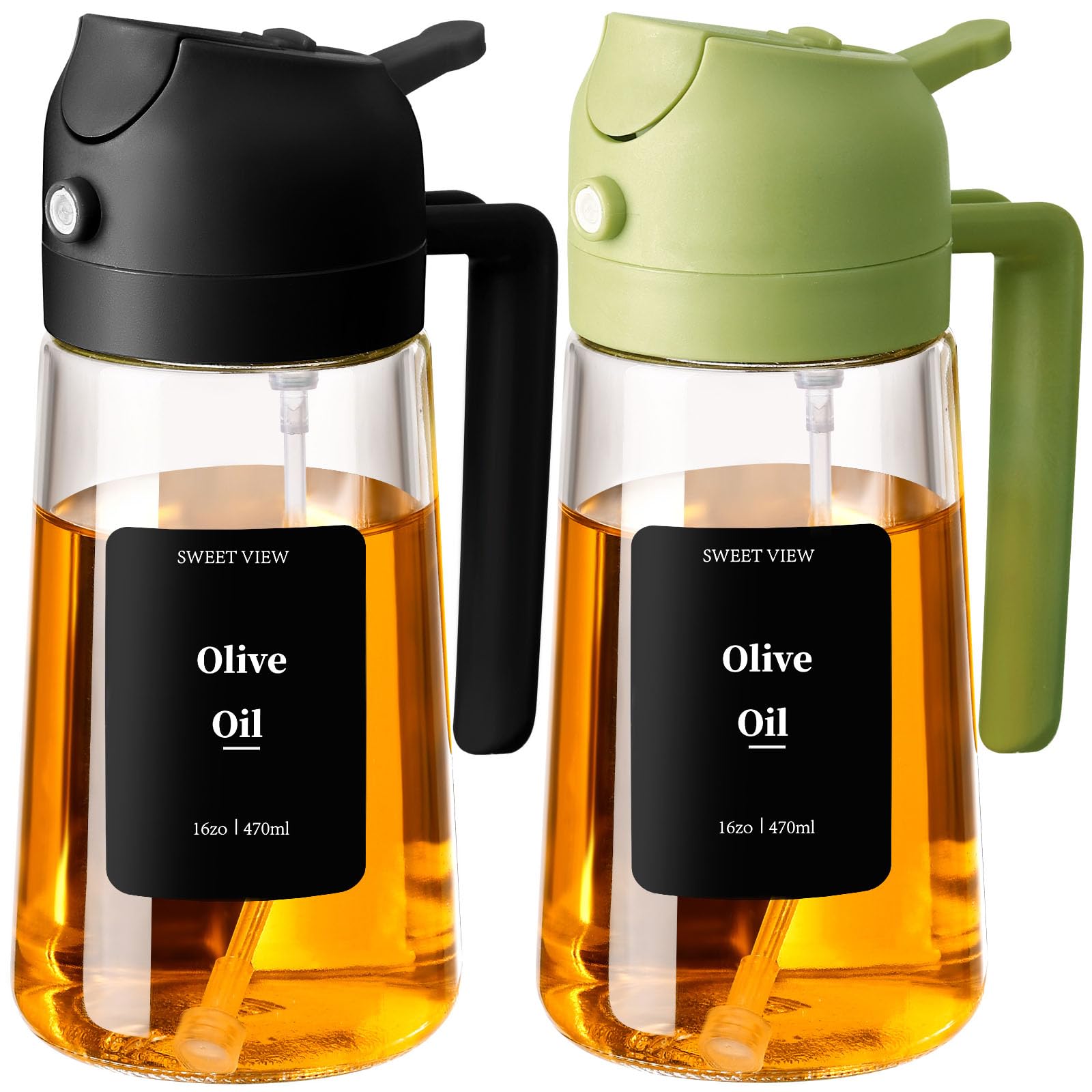 SWEET VIEW 2PCS Olive Oil Sprayer for Cooking, 470ml 2 In 1 Glass Oil Sprayr & Pour for Kitchen, Air Fryer, Cooking, Salad, BBQ with Stickers (Black,Green)