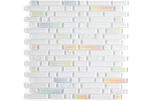 Soulscrafts Glass Mosaic Backsplash Tile, White Glass Linear Iridescent Mosaic Tile 12x12 Inch for Kitchen Backsplash Bathroom Wall, Box of 5 Sheets