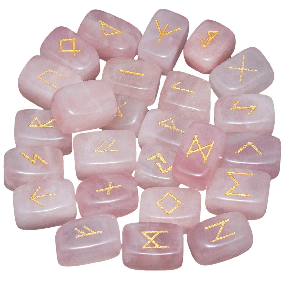 mookaitedecor Natural Rose Quartz Runes Stones Set of 25, Pink Viking Norse Rune with Elder Futhark Alphabet Symbol for Divination Crystal Witchcraft Pagan Supplies Gift Wiccan Room Decor