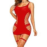 RSLOVE Babydoll Lingerie for Women Chemise - Fishnet Bodysuit Womens Sleepwear with Stocking Sexy Dress Bodystocking One Size