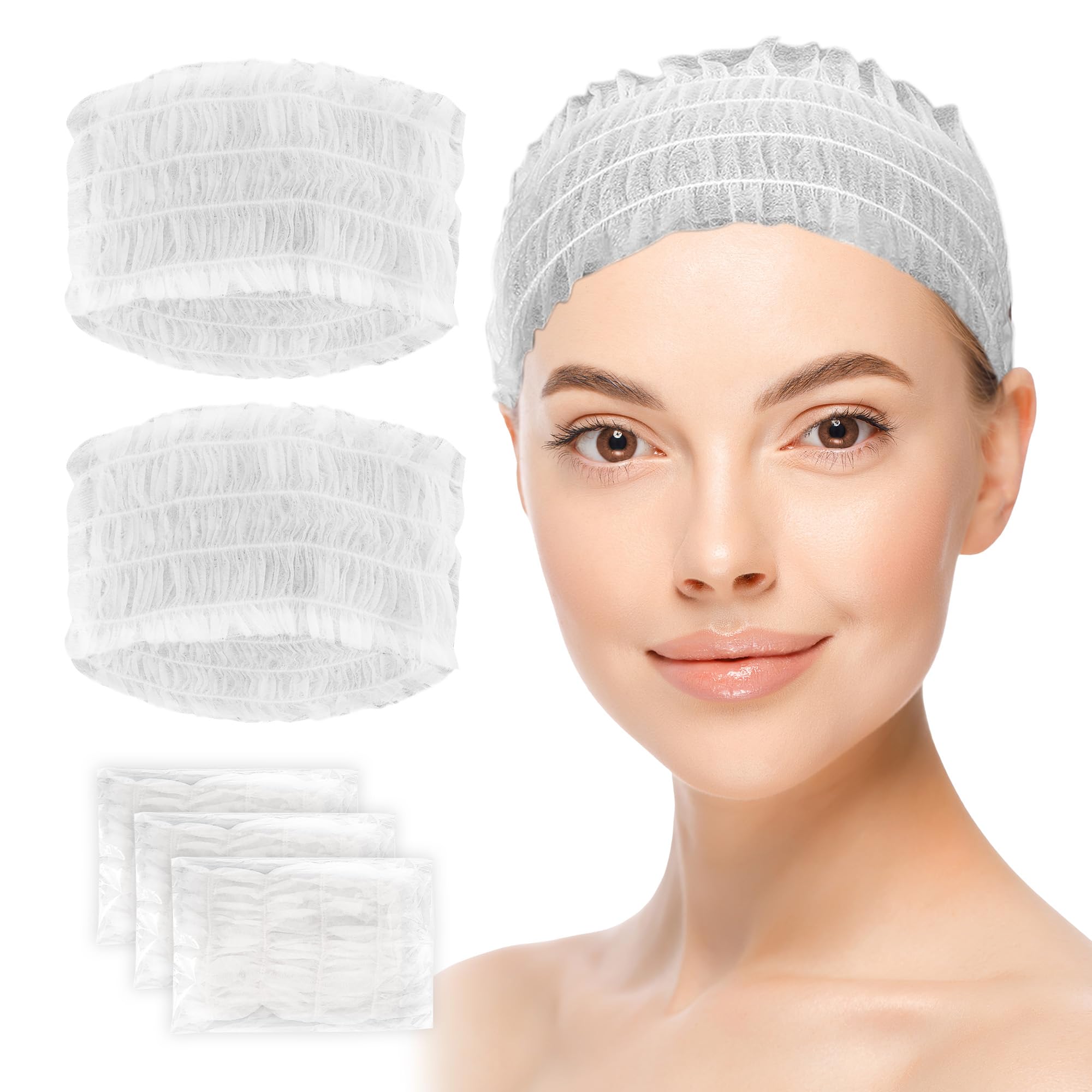 WENLISELL 200 PCS Disposable Elastic Hair Wraps, Non-woven Disposable Headbands for Facials, White Hair Wraps for Home Use Spa Salon