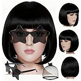 ANOGOL Hair Cap + (Sunglasses) Black Bob Wig with Bangs Womens Black Party Wigs with Star Shape Sunglasses Short Neon Wig for Daily Party Outfit Fun wigs for Women Halloween Costume Night Club Hair