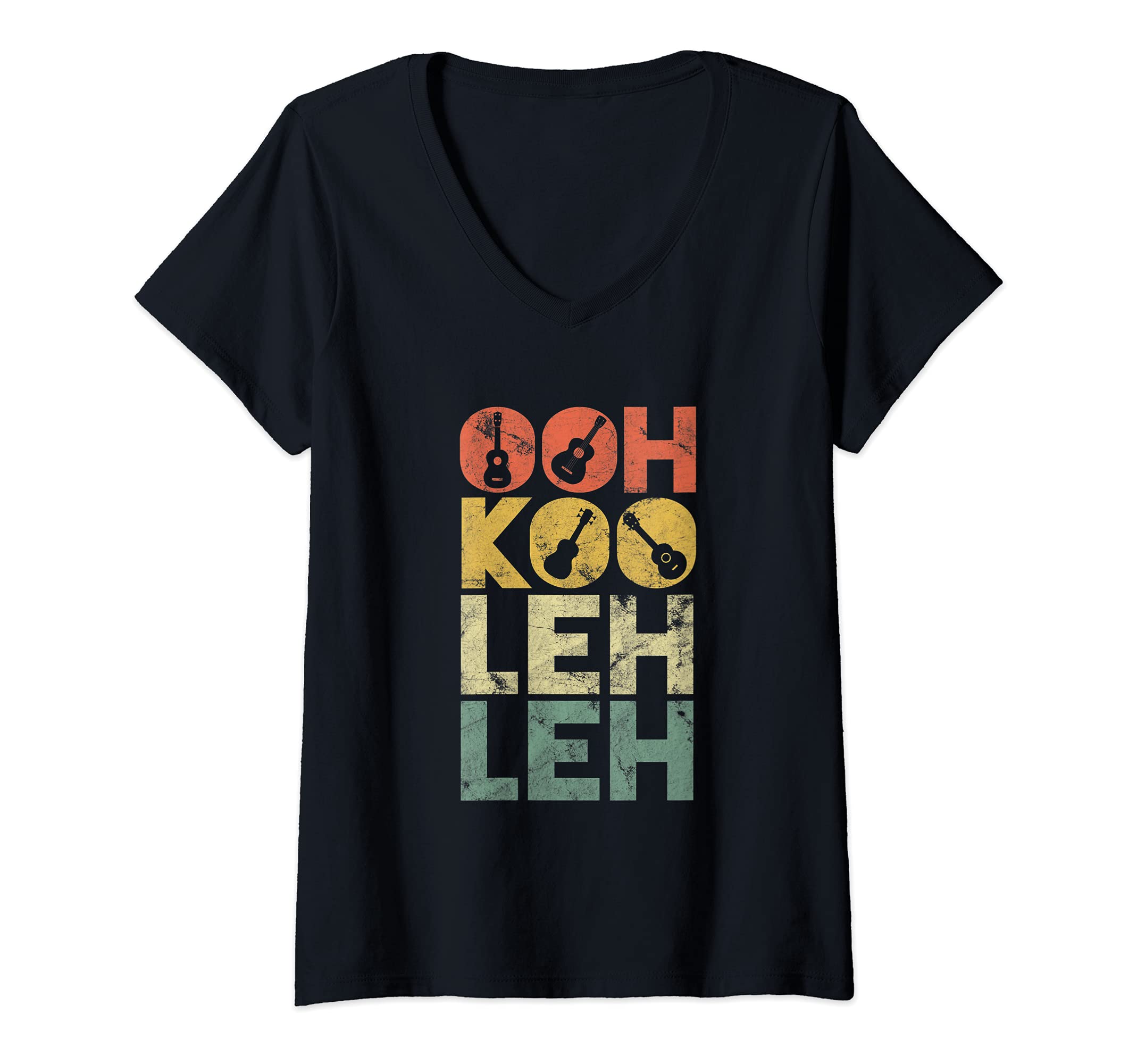 Womens Vintage Ooh Koo Leh Leh Retro Guitar Hawaiian Uke Acoustic V-Neck T-Shirt