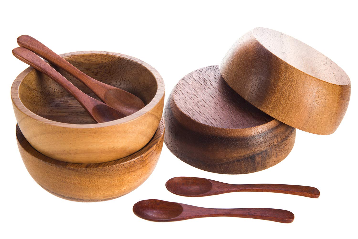 BestySuperStore Small Round Wood Bowls 4 Pcs 3¾" Diameter 1½" High Stackable Acacia Wooden Bowl Set with 4 spoons for serving salad salsa dip sauce snack cereal fruit Decor Tableware Side Dish Sets - Image 6