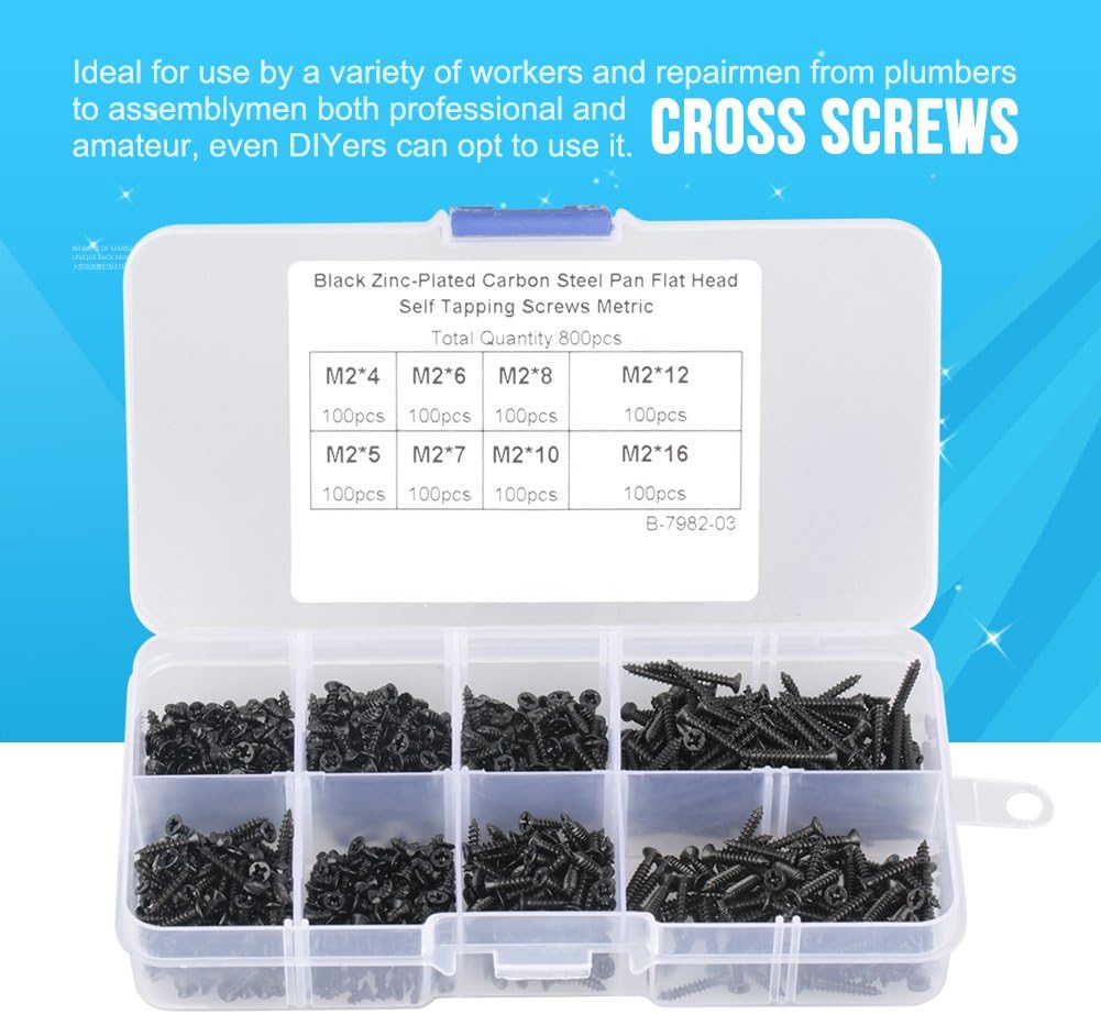 800 Pieces M2 Self Tapping Screws Black Carbon Steel Countersunk Flat Head Cross Drive Fastener Assortment Kit for Electronics - Image 5