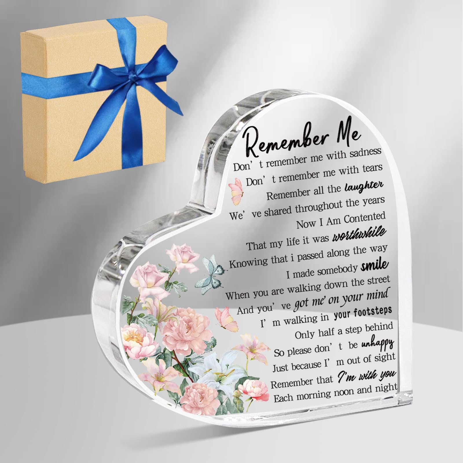 ORIGACH Rose and Butterfly Remember Me Heart Memorial Gift Acrylic Sympathy Condolence Gift Remembrance Gift for Loss of Loved One Funeral Graveside Centerpieces 10x10cm