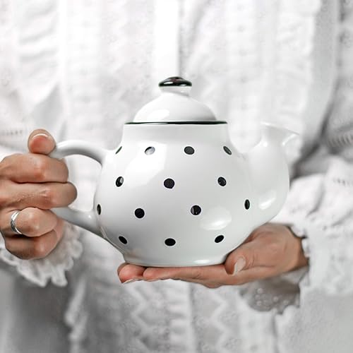 City to Cottage Ceramic 26 oz Teapot, Coffee Pot, Tea Pot for Bloomig and Loose Tea Leaf, Handcrafted Premium Teaware, White & Black Polka Dot Tea Pot for Serving Tea and Coffee, Teapot for Tea Lovers