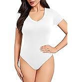 Laughido Women's V Neck Short Sleeve Fitted Bodysuit Summer Basic Casual Double Lined Tee Shirt Tops