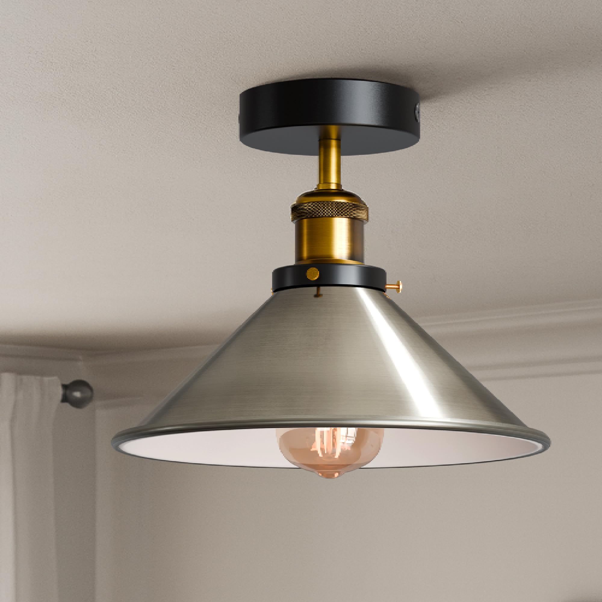 LEDSone Industrial Ceiling Lamp E27 Vintage Semi Flush Mount Ceiling Light Metal 22cm Satin Nickel Cone Lampshade for Entryway Study Room Bedroom Hallway with Bulb