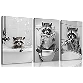 Funny Raccoon Bathroom Canvas Wall Art set of 3 Black and White Cute Raccoon Sitting on Toilet Poster Print Artwork Humor Adorable Animals Pictures Wall Decor for Washroom Restroom laundry 12x16in