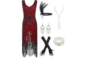 ESRTYERYH WOMEN COSTUME 1920s Gatsby Sequin Fringed Paisley Flapper Dress with 20s Accessories Set