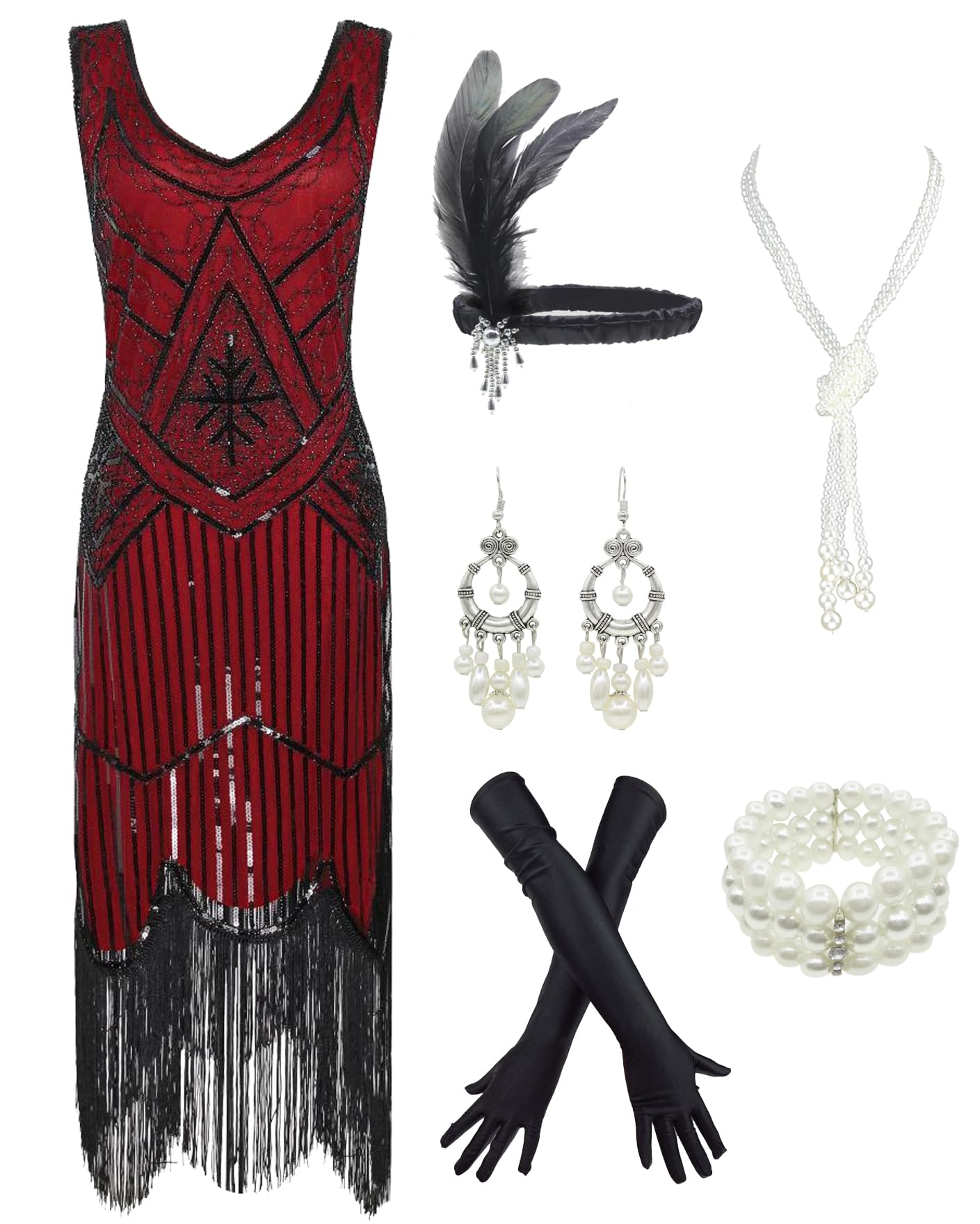 Photo 1 of 1920S Gatsby Sequin Fringed Paisley Flapper Dress with 20S, Red, Size Medium