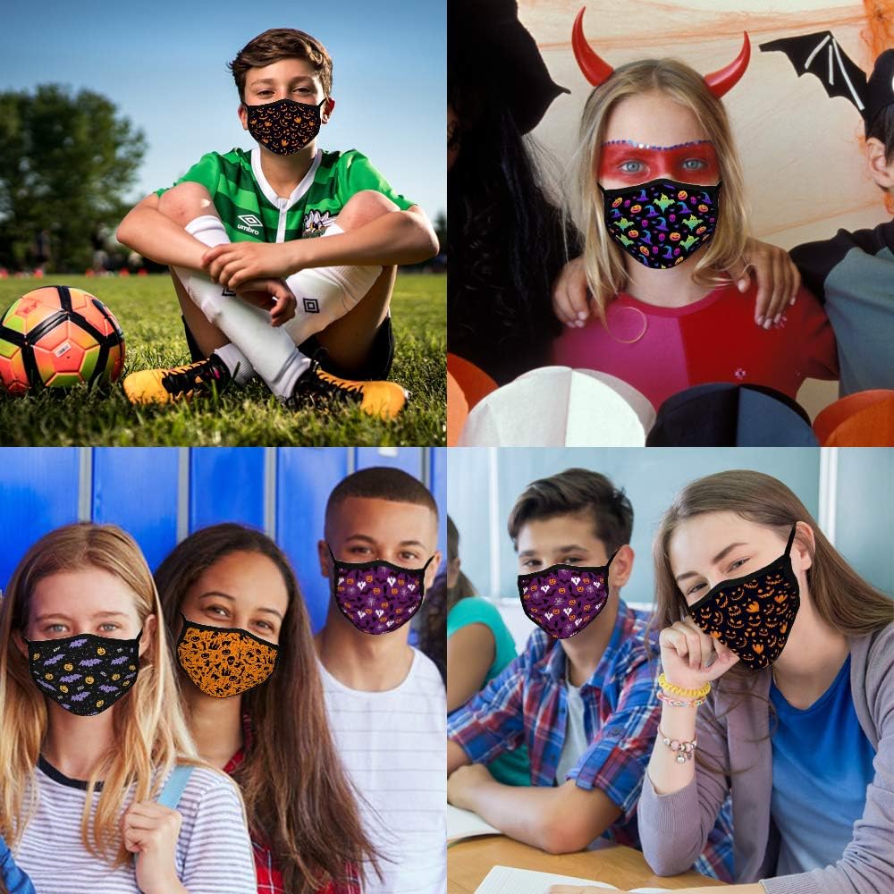 5PCS Big Kids Halloween Face Mask Bandana Reusable Washable School Students Cover Breathable Dust Covering for Youth Boys and Girls: Clothing