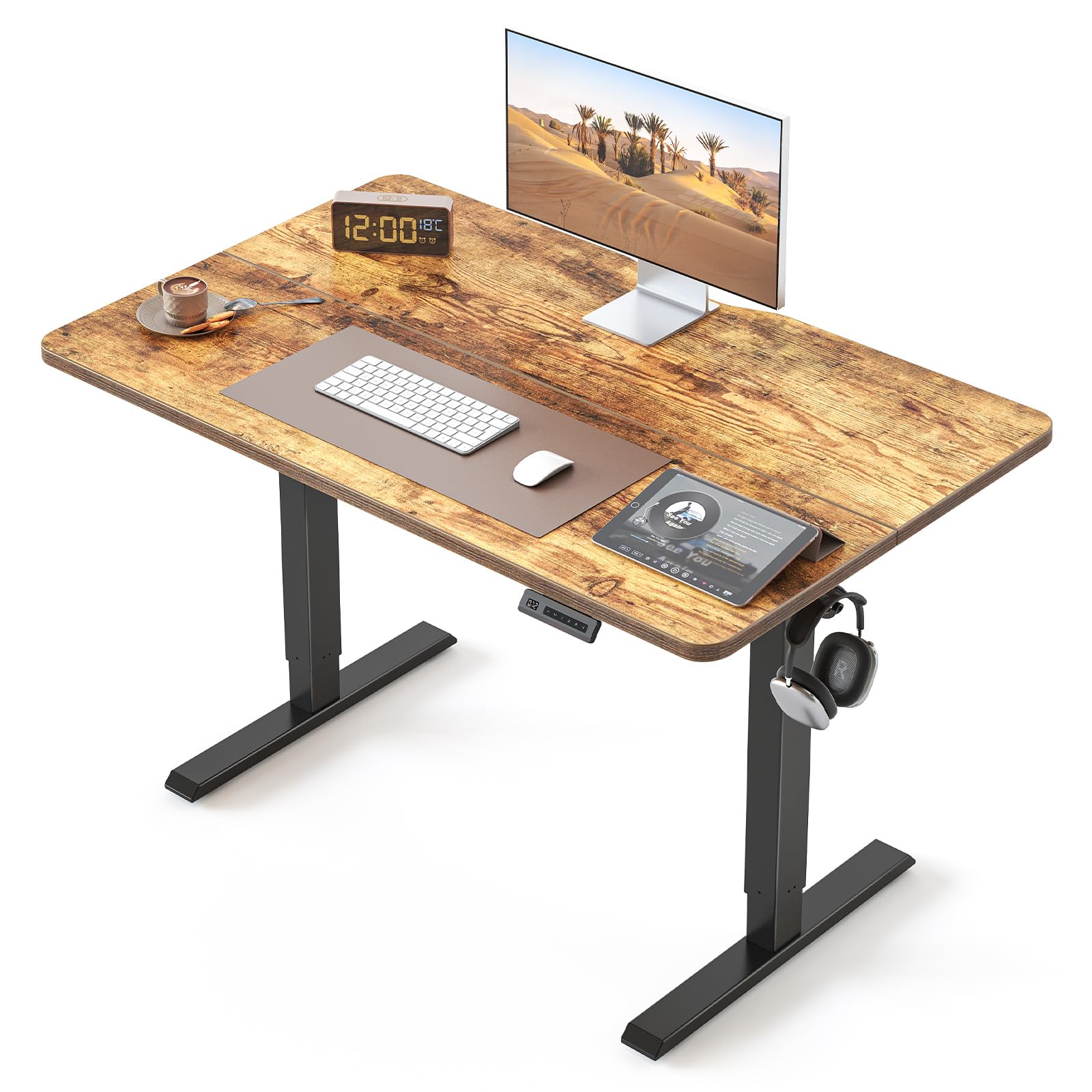 BANTI 40 × 24 Inches Standing Desk, Ergonomic, Electric Height Adjustable, Sit and Stand Up, Computer Office Desk with Splice Board, Black Frame/Rustic Brown Top Image