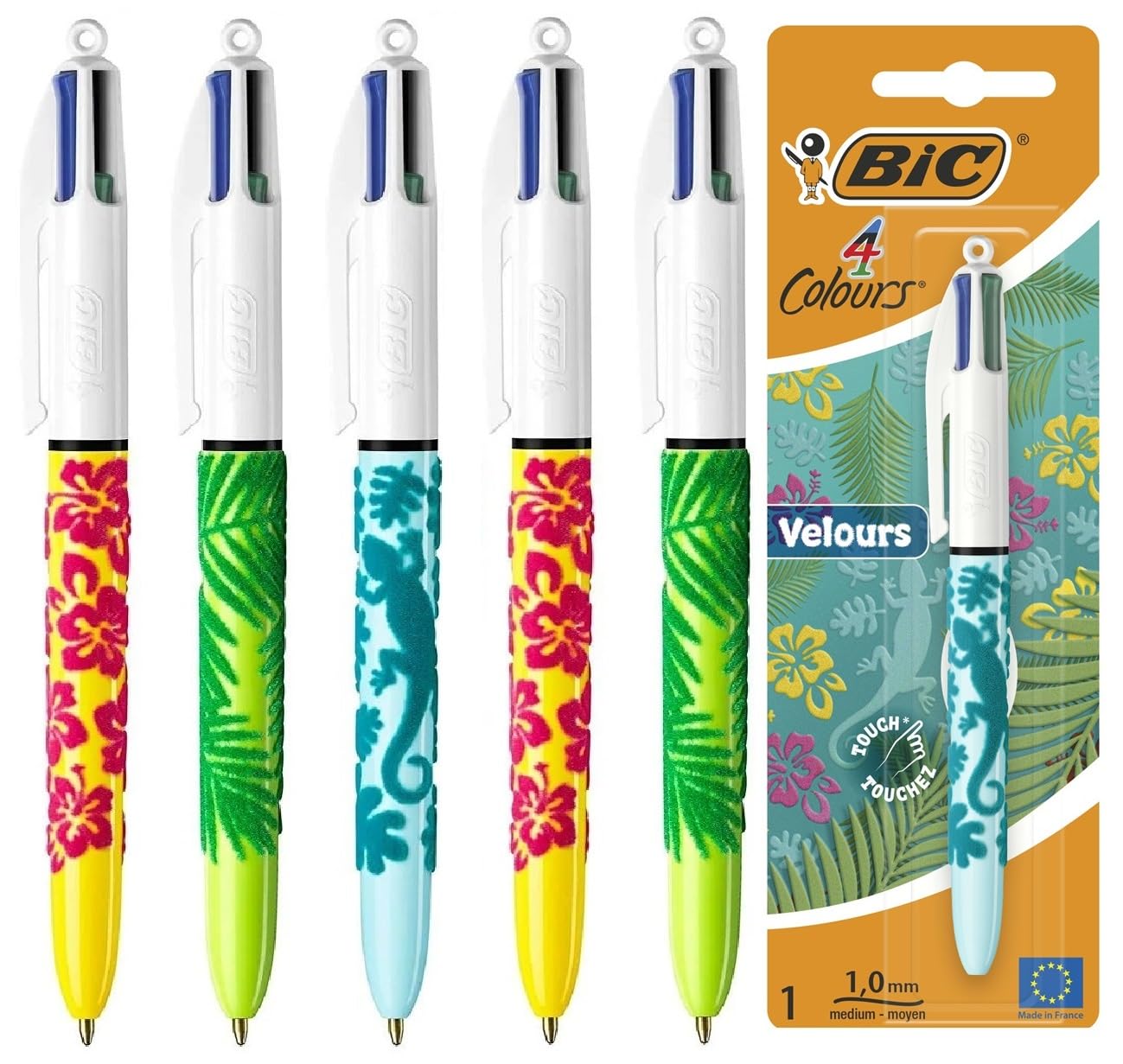 BIC 4 Colours Velour Multi-Coloured Retractable Ballpoint Pens, Black, Blue, Red, Green Ink, Medium Point, Velvet Soft Touch Jungle Barrels, Pack of 5