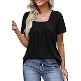 KTILG Womens Square Neck Short Sleeve Tunic Tops Loose Pleated Front T Shirts Casual Summer 2025 S-3XL
