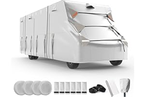 FRUNO Oxford Cloth Class C RV Cover Fits 26'-29' Waterproof Rip-Resistant Anti-UV Motorhome Camper Cover for Winter Snow with Jack Cover 4 Tire Covers and Gutter Covers