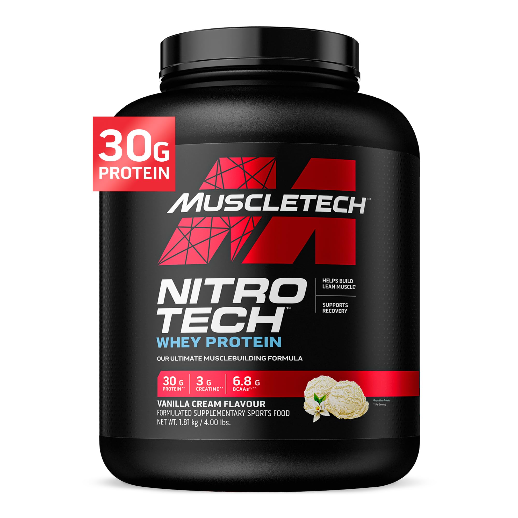 Photo 1 of Muscletech Whey Protein Powder (Vanilla Cream, 4 Pound) - Nitro-Tech Muscle Building Formula with Whey Protein Isolate & Peptides - 30g of Protein, 3g of Creatine & 6.6g of BCAA 03.13.26