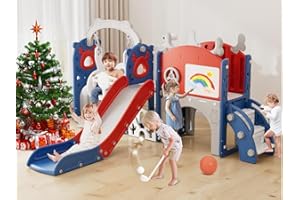 XJD 13-in-1 Toddler Slide and Swing Set, Kids Slide for Toddlers Age 1+, Toddler Outdoor Playset New Upgrade with Golf Set, Basketball Hoop, Drawing Board for Playground (Red Blue)