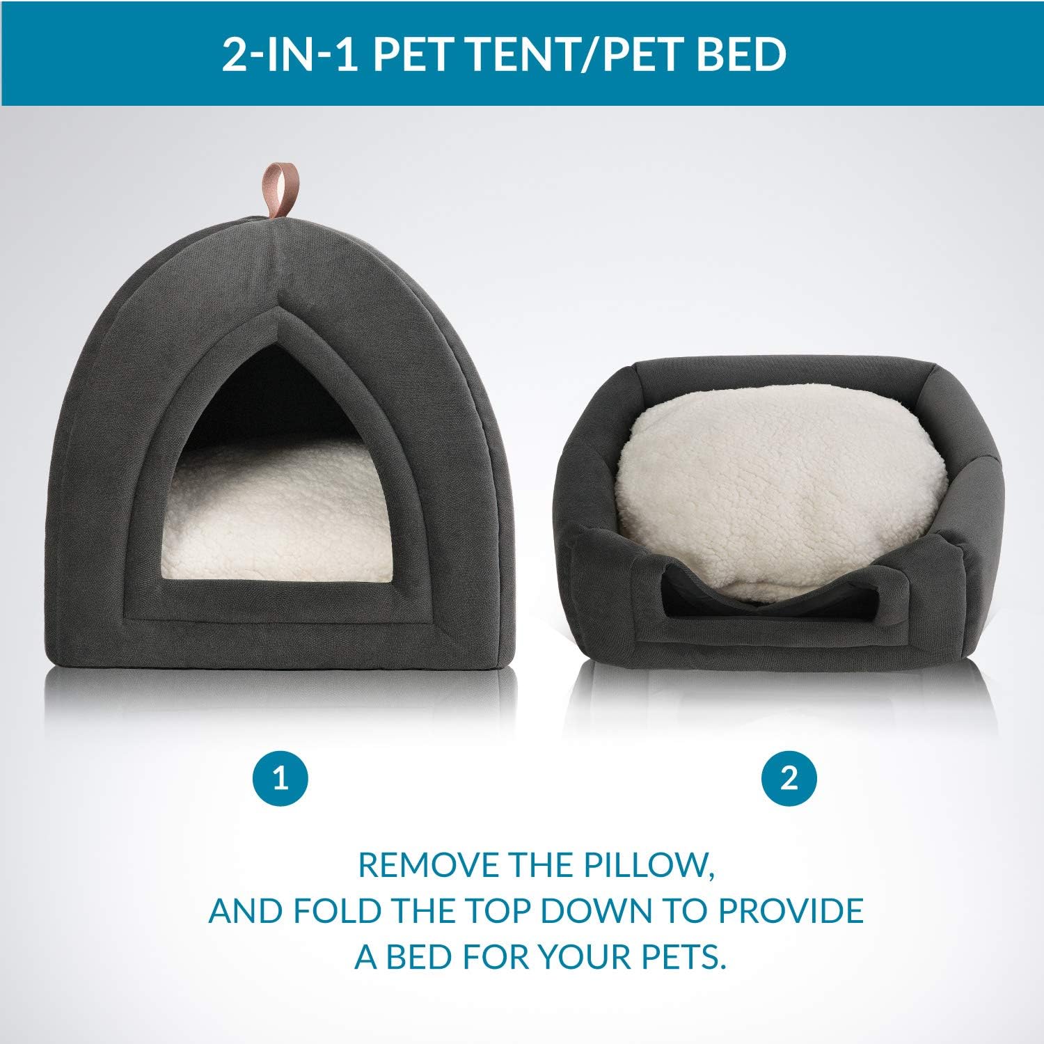 Bedsure Pet Tent Cave Bed for Cats/Small Dogs - 15x15x15 inches 2-in-1 Cat Tent/Kitten Bed/Cat Hut with Removable Washable Cushioned Pillow - Microfiber Indoor Outdoor Pet Beds, Dark Grey : Pet Supplies