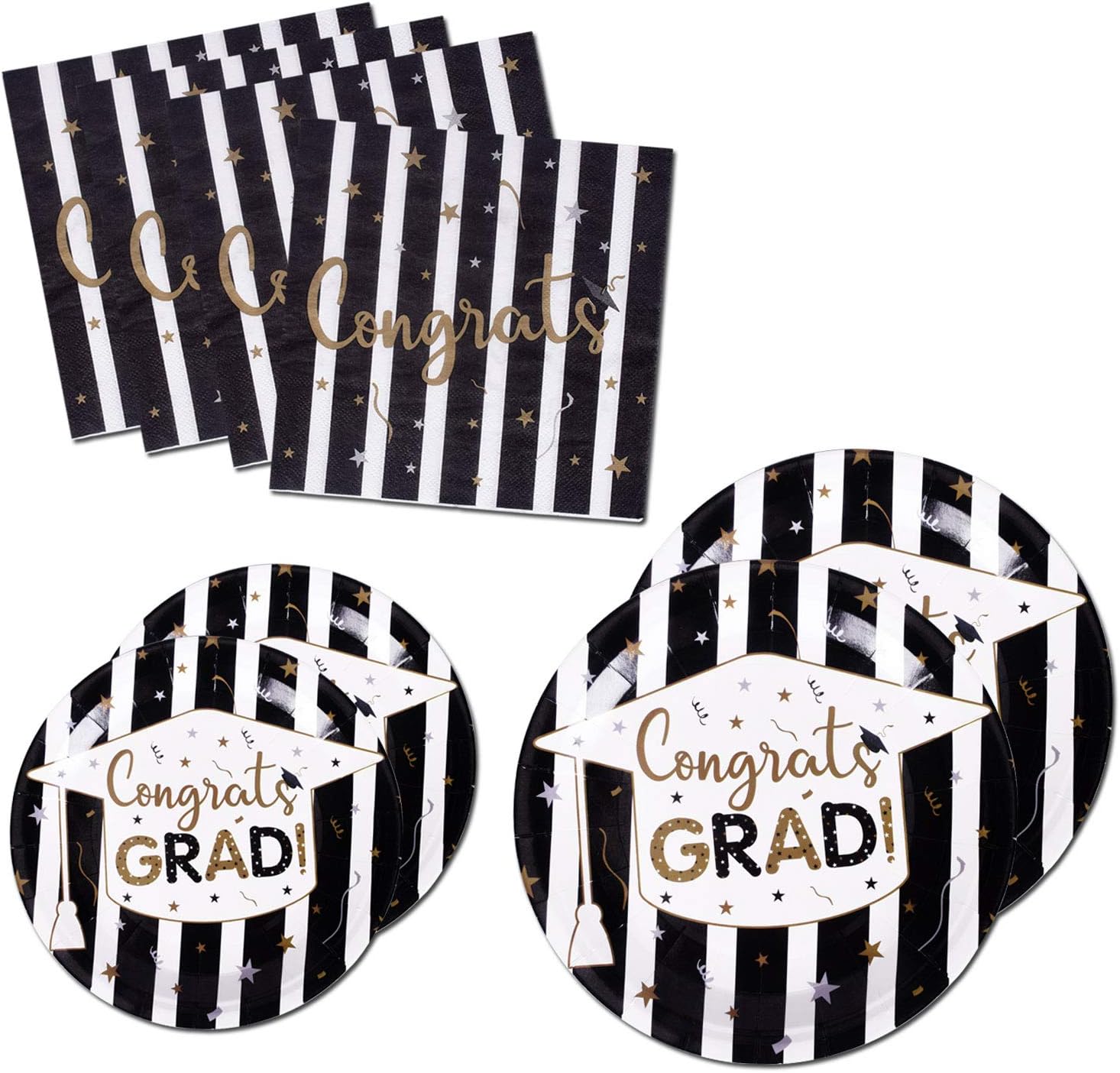 200PCS Graduation Party Supplies Paper Plates and Napkins Bulk for 50 Guests Dessert Round Disposable Plates Black Gold Tableware Set (for Graduation)