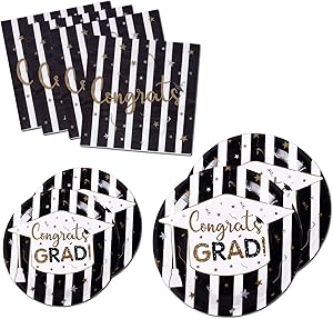 200PCS Graduation Party Supplies Paper Plates and Napkins Bulk for 50 Guests Dessert Round Disposable Plates Black Gold Tableware Set (for Graduation)