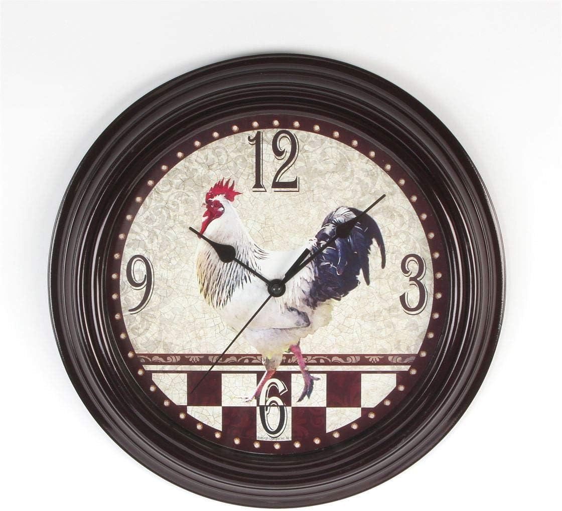Hometime Round Quartz Round Kitchen Wall Clock Black Case & Rooster Dial 30cm