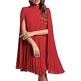 Rooscier Women's Mock Neck Cloak Sleeve Pleated Keyhole Back Flowy Party Midi Dress