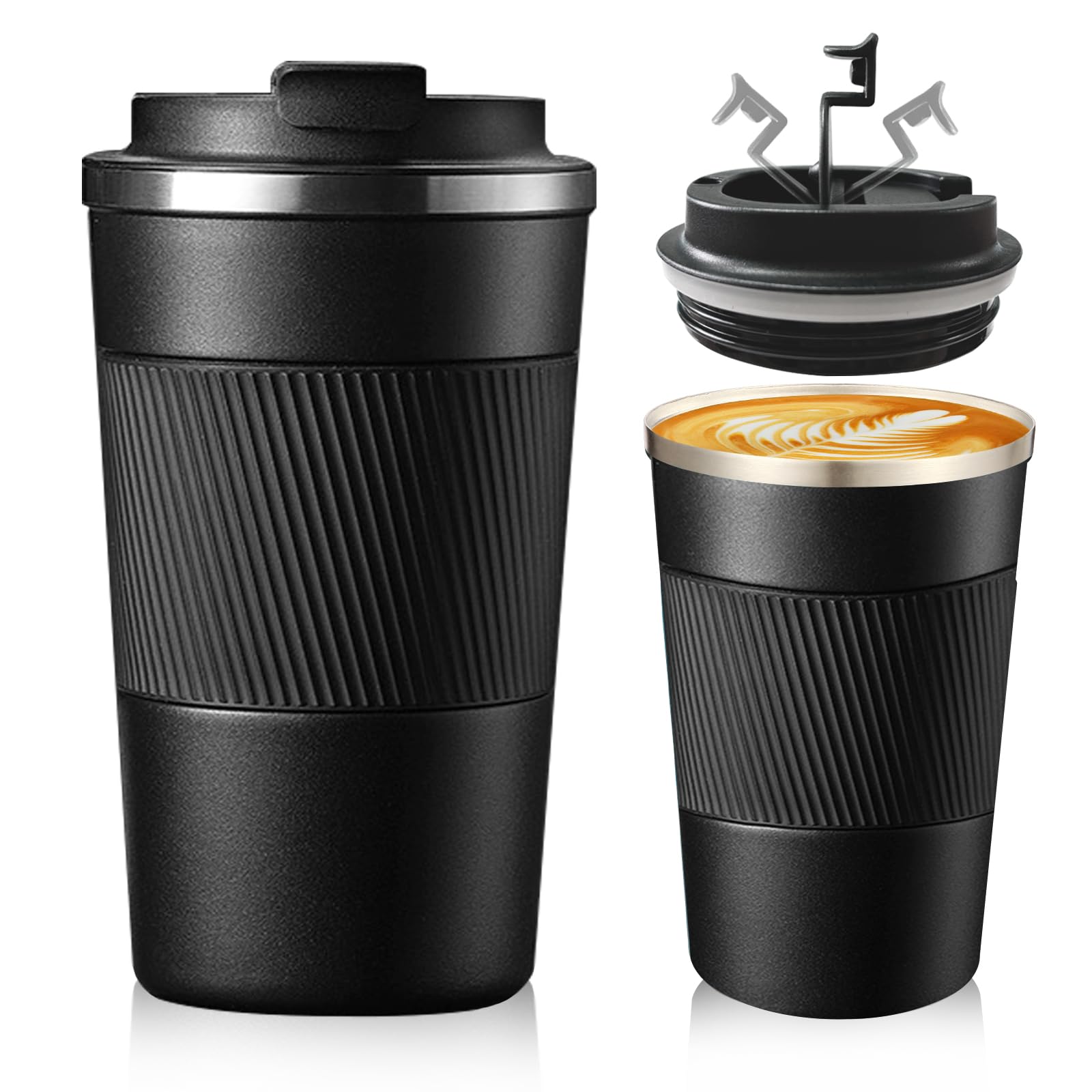 Senshuomy Travel Mug, Insulated Coffee Cup with Leakproof Lid, Reusable Coffee Cups Travel Cup, Stainless Steel thermaol Mug for Hot Cold Drinks (Black 380ml)