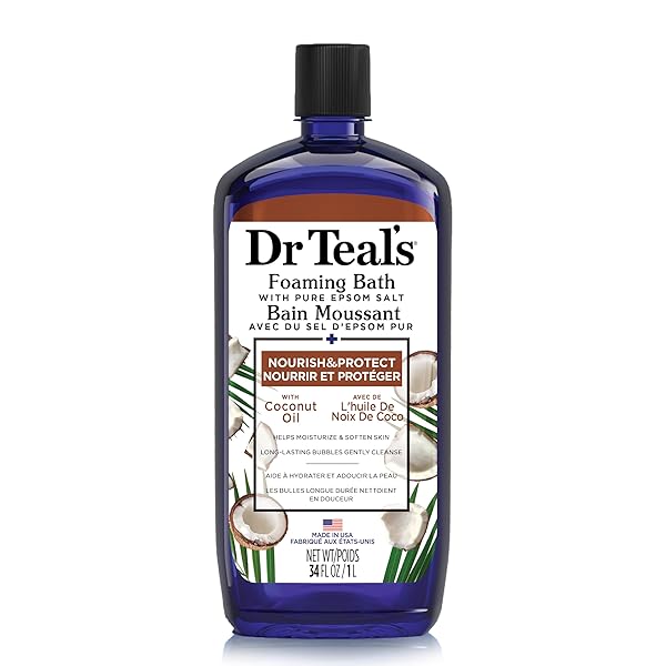 DR. TEAL’S COCONUT OIL FOAMING BATH WITH PURE EPSOM SALT (1 BOTTLE, 34 OZ) – ESSENTIAL OILS NOURISH & PROTECT YOUR SKIN – RELIEVE STRESS & REVITALIZE TIRED, ACHY MUSCLES AT HOME – LONG LASTING BUBBLES