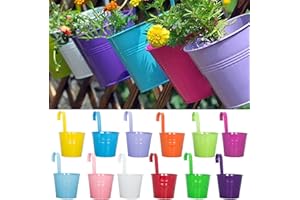 LOVOUS 6.3" x 4.7" x 5.3" Hanging Flower Pots Railing Balcony Planter Metal Bucket, Iron Hanging Planters for Fence, Multicolor Garden Plants Holders Set for Indoor and Outdoor, 12PCS