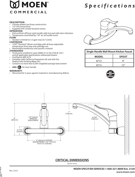Moen 8713 Commercial M Dura One Handle Wall Mount Kitchen Faucet