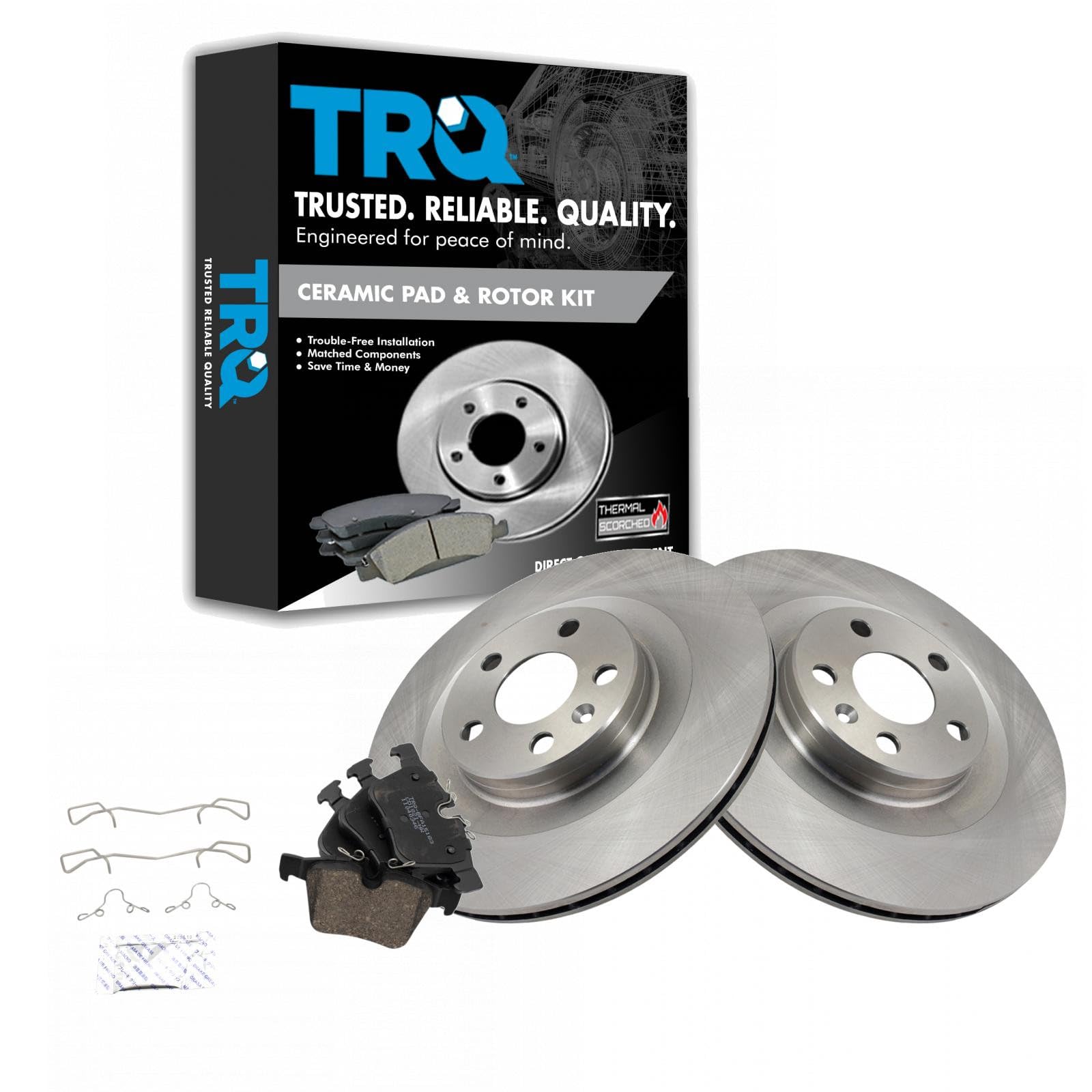 TRQ Rear Brake Pad and Rotor Set Ceramic Vented Rotors Compatible with 2019 Volvo S60 2017-2019 S90 V60 2018-2019 V90 V90 Cross Country XC60 XC90
