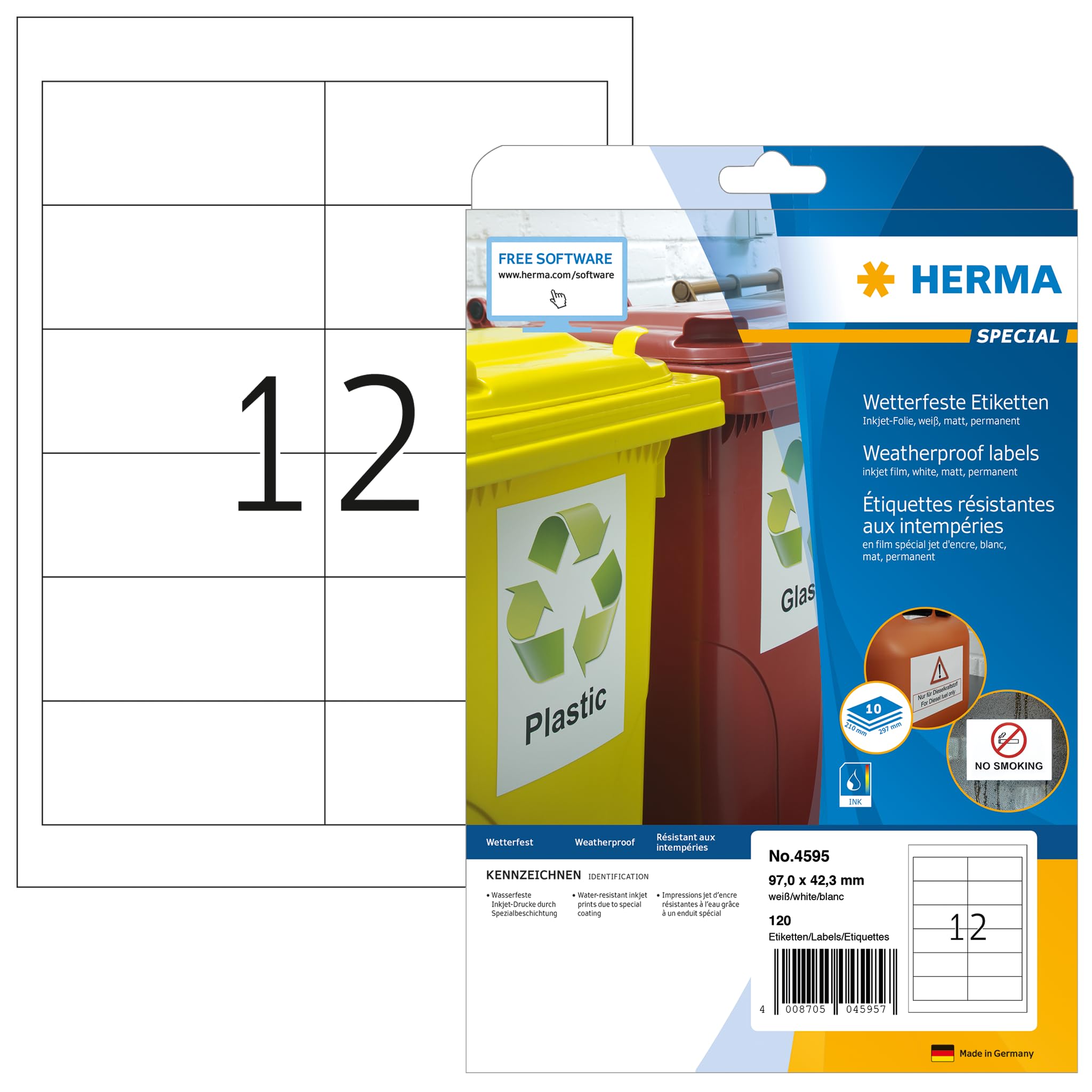 HERMA Self Adhesive Inkjet Labels, 12 Labels per A4 Sheet, 10 Sheets, 97 x 42.3 mm, 120 Labels, Blank Weatherproof Film Labels Stickers, Sticky Labels for Inkjet Printer, White
