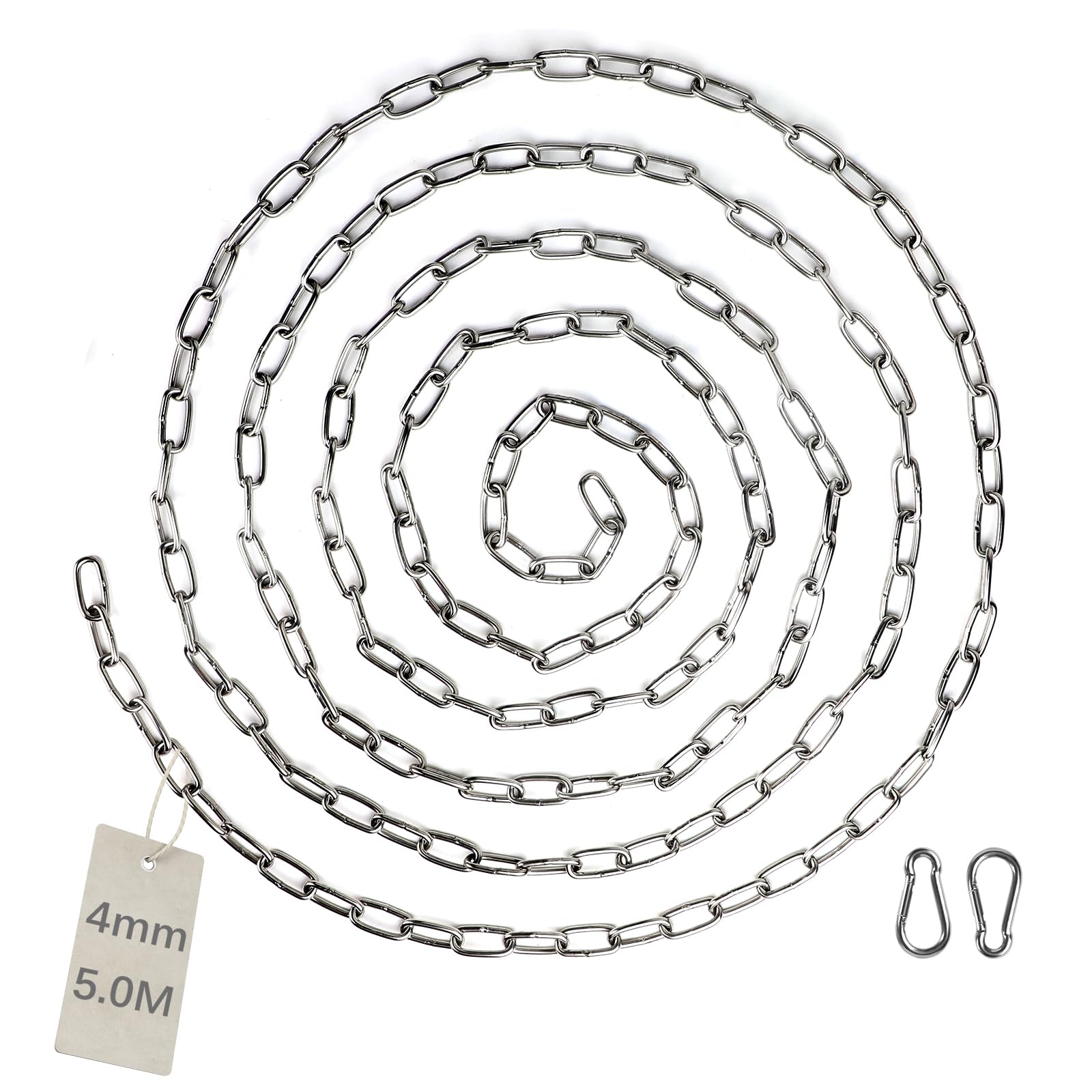 EXLECO 5 m Stainless Steel Chain Diameter 4 mm Steel Chain Link Chain Barrier Chain Decorative Chain with 2 Carabiner Hooks Metal Chain for Hanging Dog Chain Anchor Chain Round Link Chain Long Link
