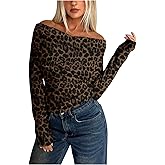 SHENHE Women's Plus Size Leopard Print Off The Shoulder Tops Y2K Cheetah Shirts Going Out Fall Top