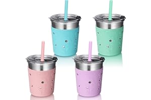 Tiblue Kids & Toddler Cups - Spill Proof Stainless Steel Smoothie Tumblers with Leak Proof Lids, Silicone Straw with Stopper & Sleeve - BPA FREE Snack Cup for Baby Girls Boys(4 Pack, 8oz Multicolor)