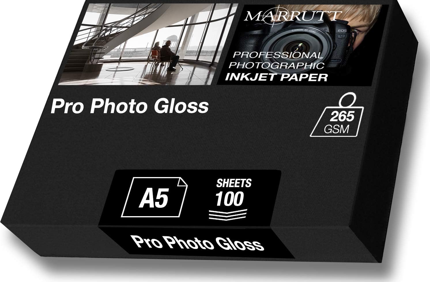 Marrutt 265gsm Pro Photo Gloss Inkjet Paper: A5-100 Sheets, White,Black