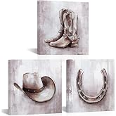 HOMEOART Western Decor Cowboy Hat and Boots Horseshoes Canvas Wall Art Rustic Style Cowboy Room Picture Country Farmhouse Home Decoration 12 x 12 Inch x 3 Panels
